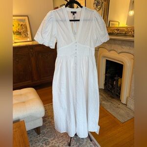 Nobody’s Child 100% Cotton White Puff Sleeve Midi Dress with Buttons NWT